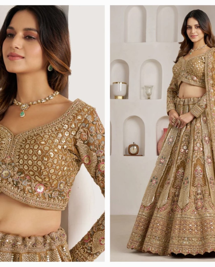 GOLD - Gold Net Diamond, Embroidered, Resham, Sequins and Zari Work Lehenga Choli for Engagement